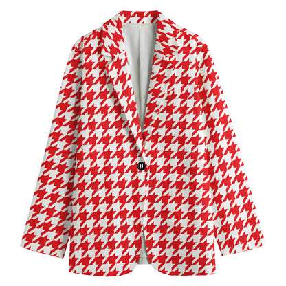 Red And White Houndstooth Pattern Print Women's Cotton Blazer