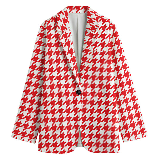 Red And White Houndstooth Pattern Print Women's Cotton Blazer