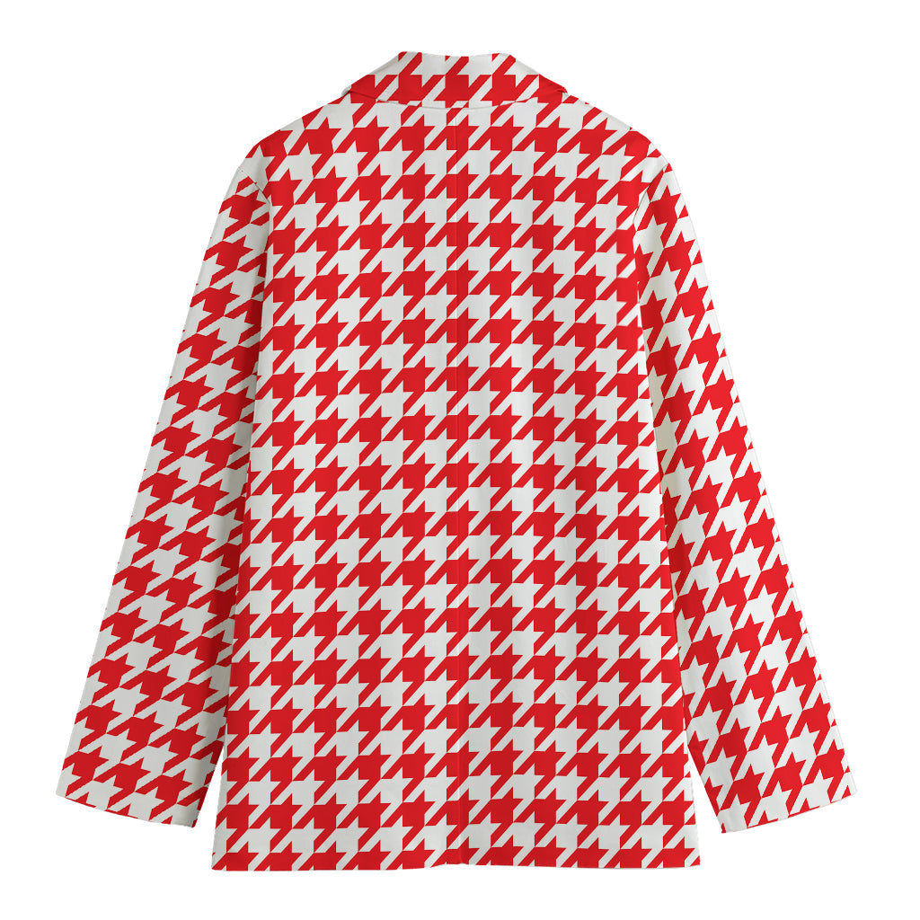 Red And White Houndstooth Pattern Print Women's Cotton Blazer
