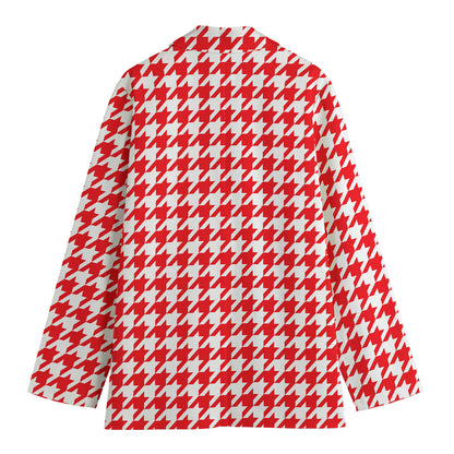 Red And White Houndstooth Pattern Print Women's Cotton Blazer