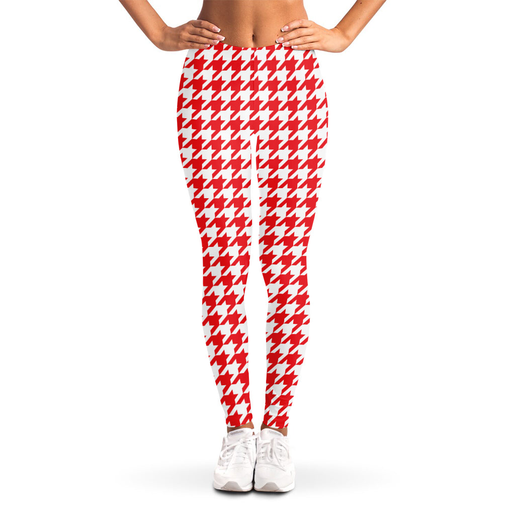 Red And White Houndstooth Pattern Print Women's Leggings