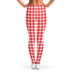 Red And White Houndstooth Pattern Print Women's Leggings
