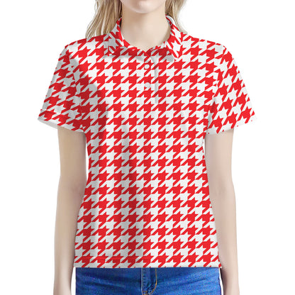 Red And White Houndstooth Pattern Print Women's Polo Shirt
