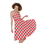 Red And White Houndstooth Pattern Print Women's Sleeveless Dress