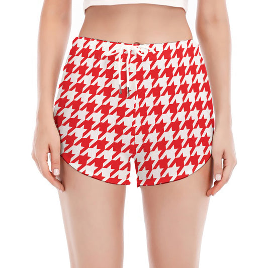 Red And White Houndstooth Pattern Print Women's Split Running Shorts