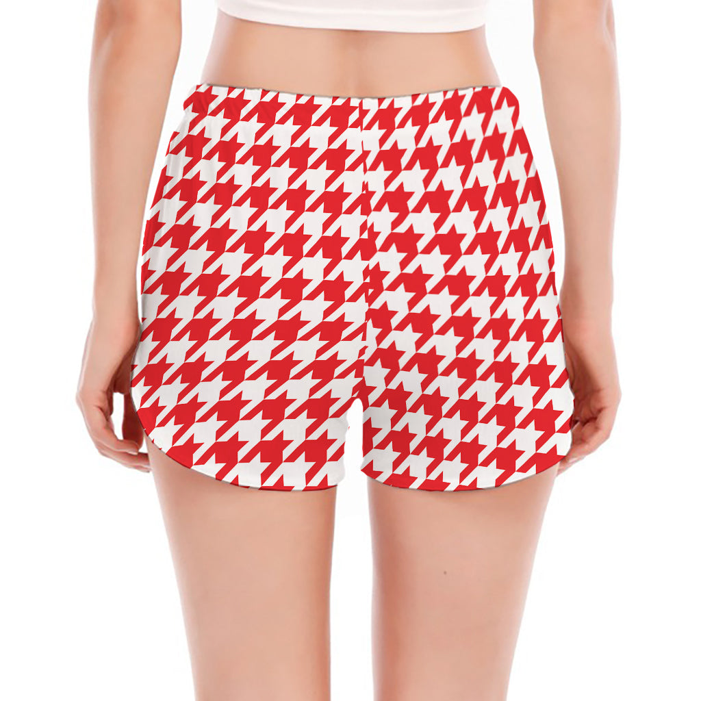 Red And White Houndstooth Pattern Print Women's Split Running Shorts