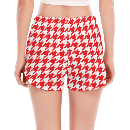 Red And White Houndstooth Pattern Print Women's Split Running Shorts