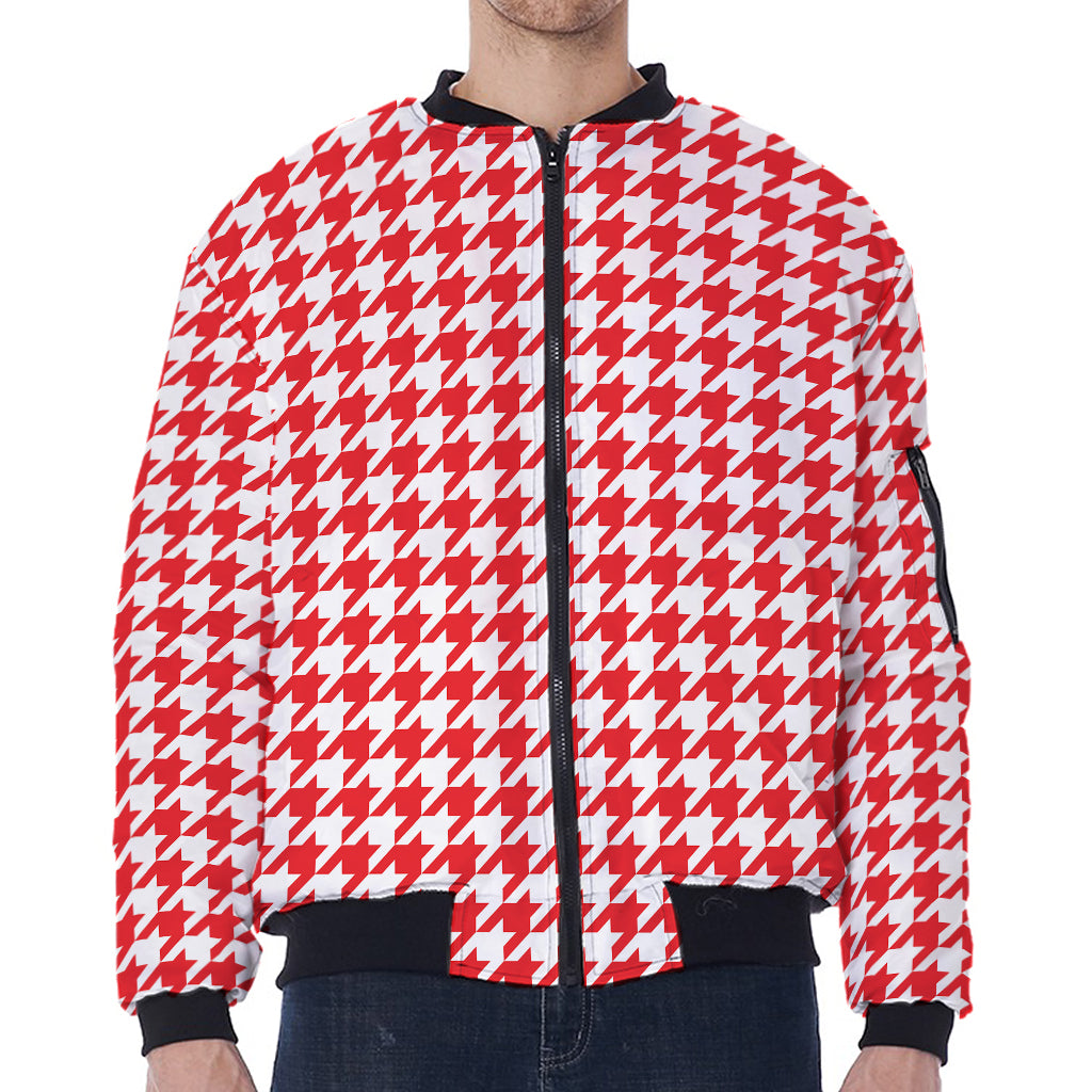Red And White Houndstooth Pattern Print Zip Sleeve Bomber Jacket