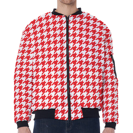 Red And White Houndstooth Pattern Print Zip Sleeve Bomber Jacket
