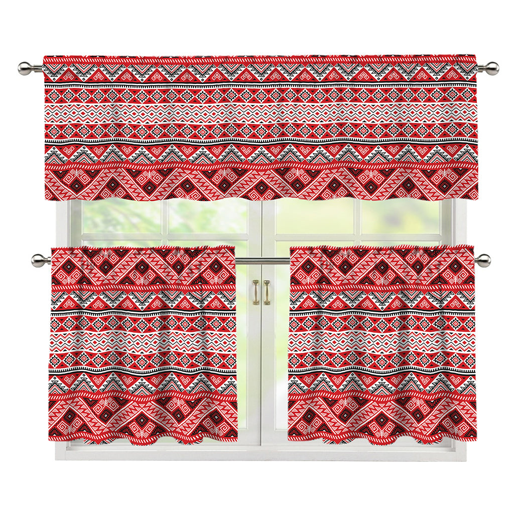 Red And White Native Tribal Print 3 Piece Kitchen Curtains