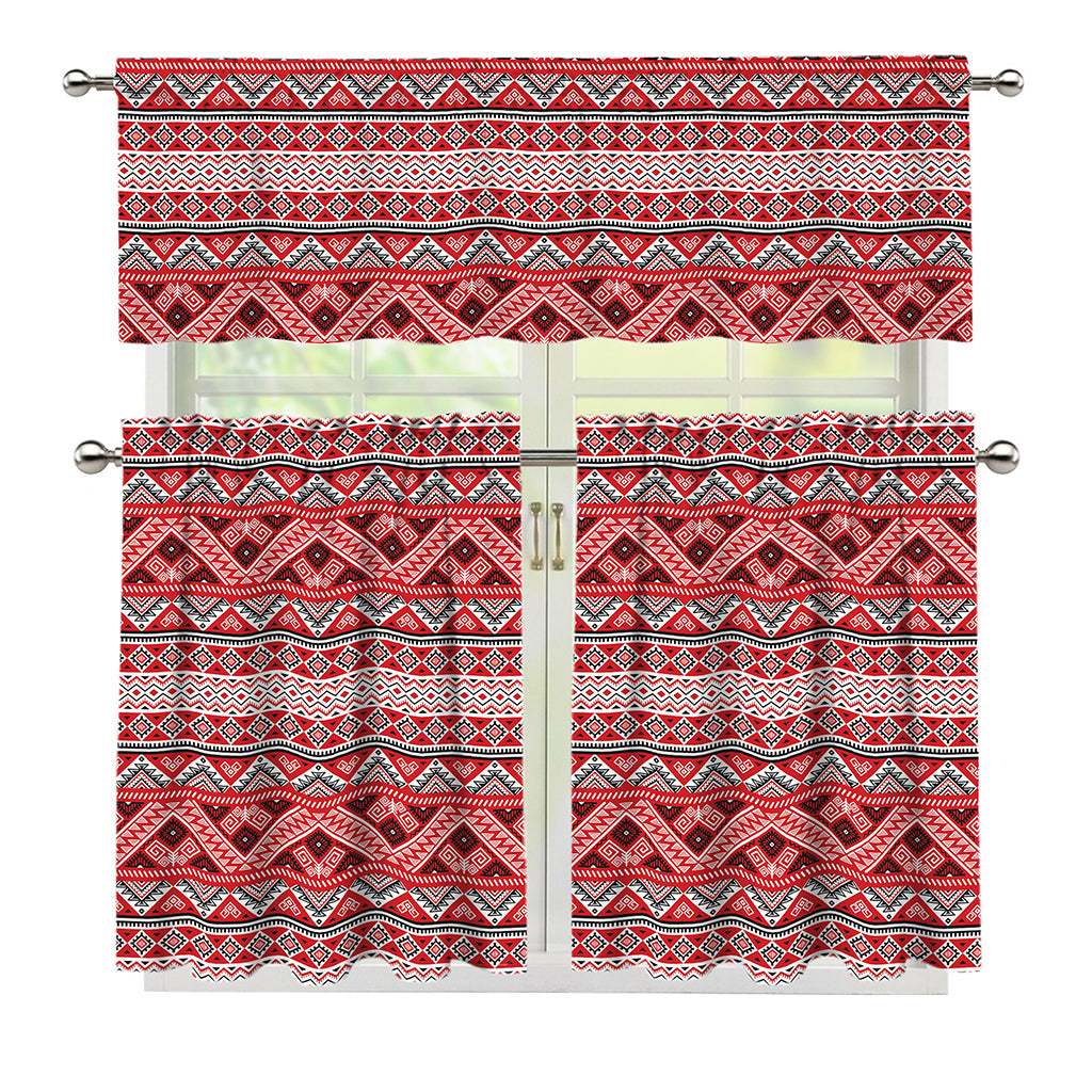 Red And White Native Tribal Print 3 Piece Kitchen Curtains