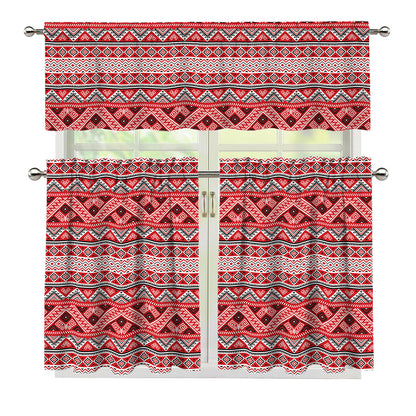 Red And White Native Tribal Print 3 Piece Kitchen Curtains