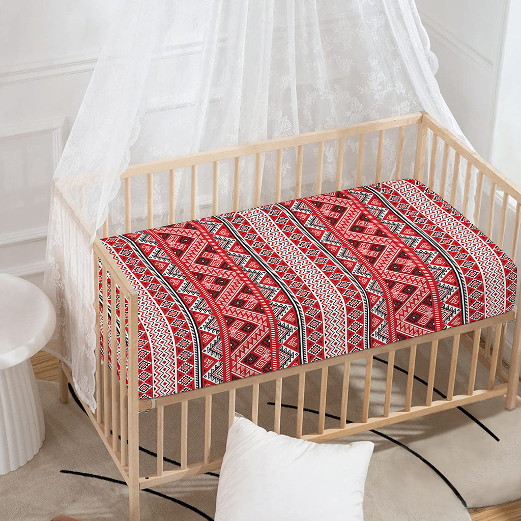 Red And White Native Tribal Print Baby Crib Sheet