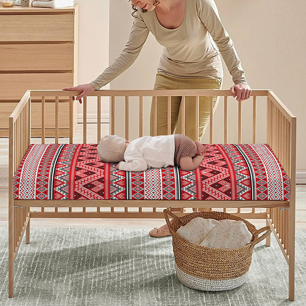 Red And White Native Tribal Print Baby Crib Sheet