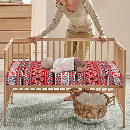 Red And White Native Tribal Print Baby Crib Sheet