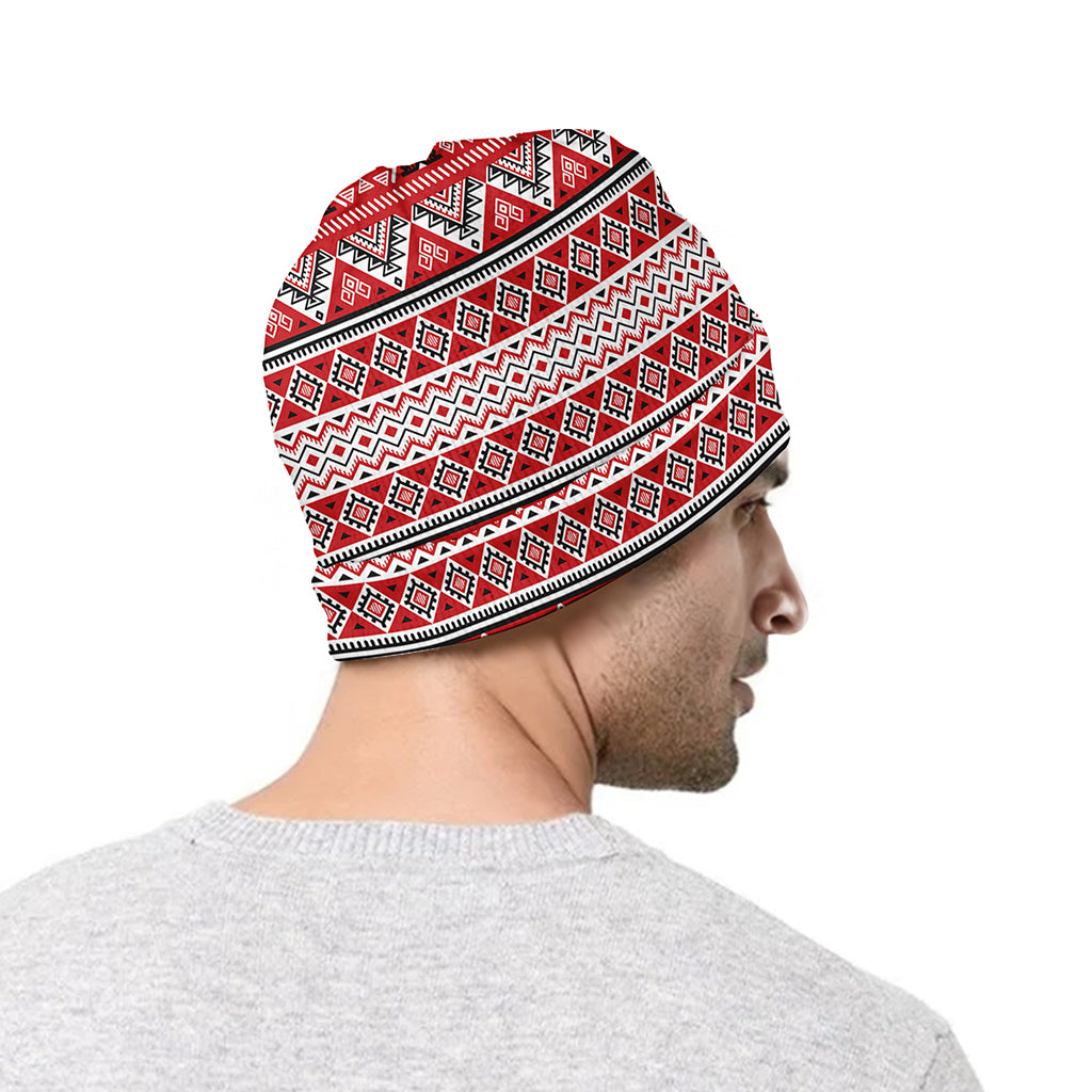 Red And White Native Tribal Print Beanie