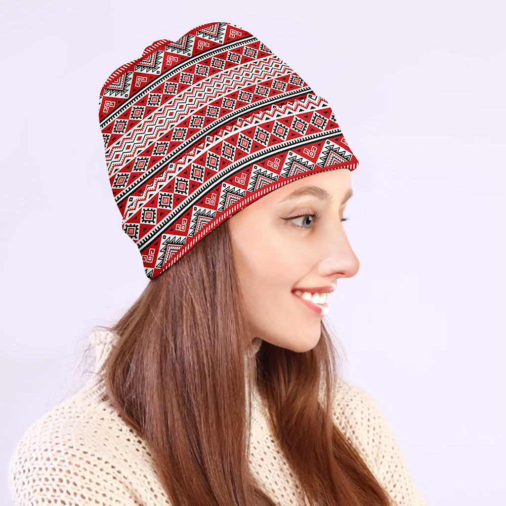 Red And White Native Tribal Print Beanie
