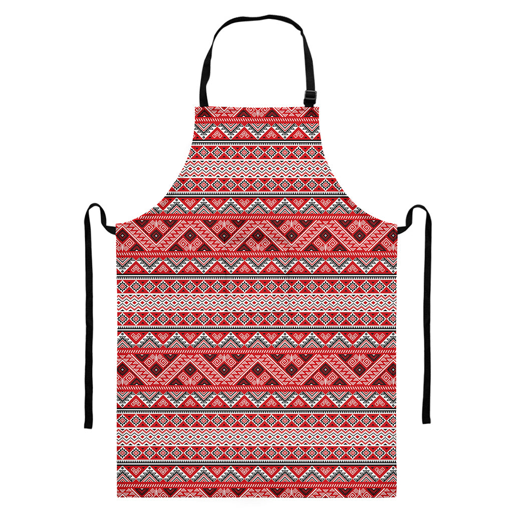 Red And White Native Tribal Print Bib Apron With Pocket