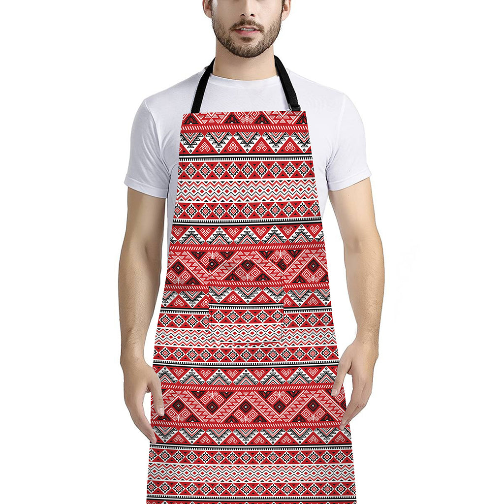 Red And White Native Tribal Print Bib Apron With Pocket