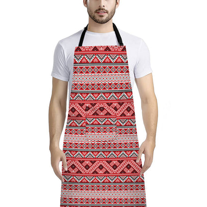 Red And White Native Tribal Print Bib Apron With Pocket
