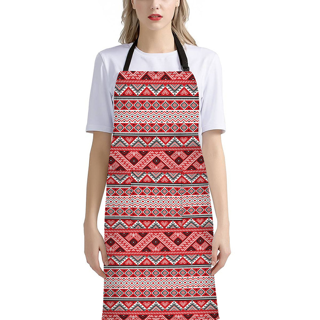 Red And White Native Tribal Print Bib Apron With Pocket