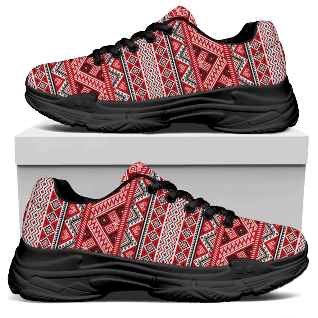 Red And White Native Tribal Print Black Chunky Shoes