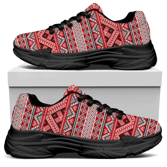Red And White Native Tribal Print Black Chunky Shoes