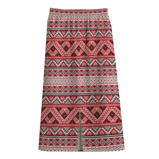 Red And White Native Tribal Print Cotton Front Slit Maxi Skirt