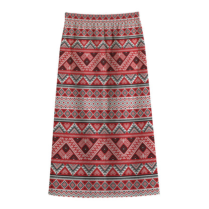 Red And White Native Tribal Print Cotton Front Slit Maxi Skirt