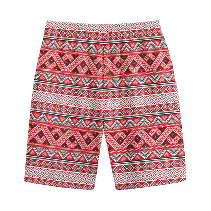 Red And White Native Tribal Print Cotton Shorts