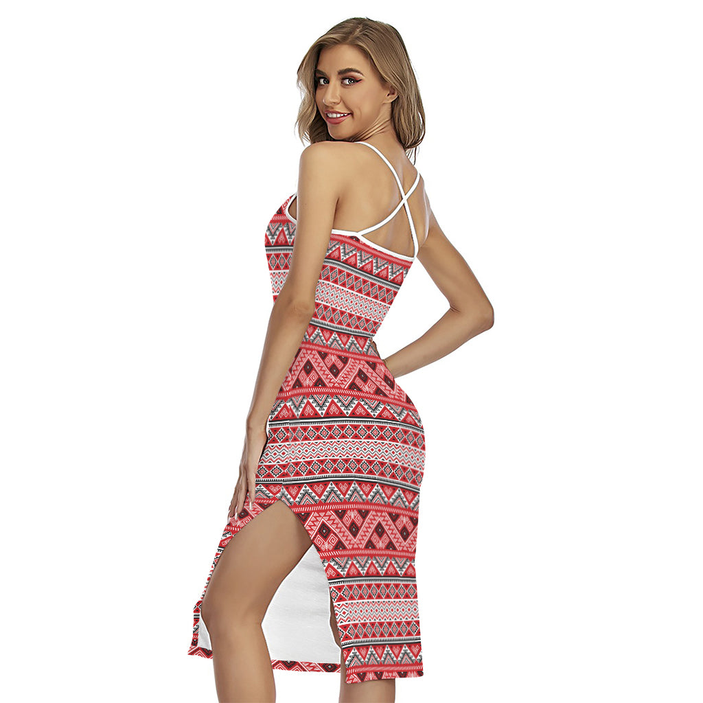 Red And White Native Tribal Print Cross Back Cami Dress