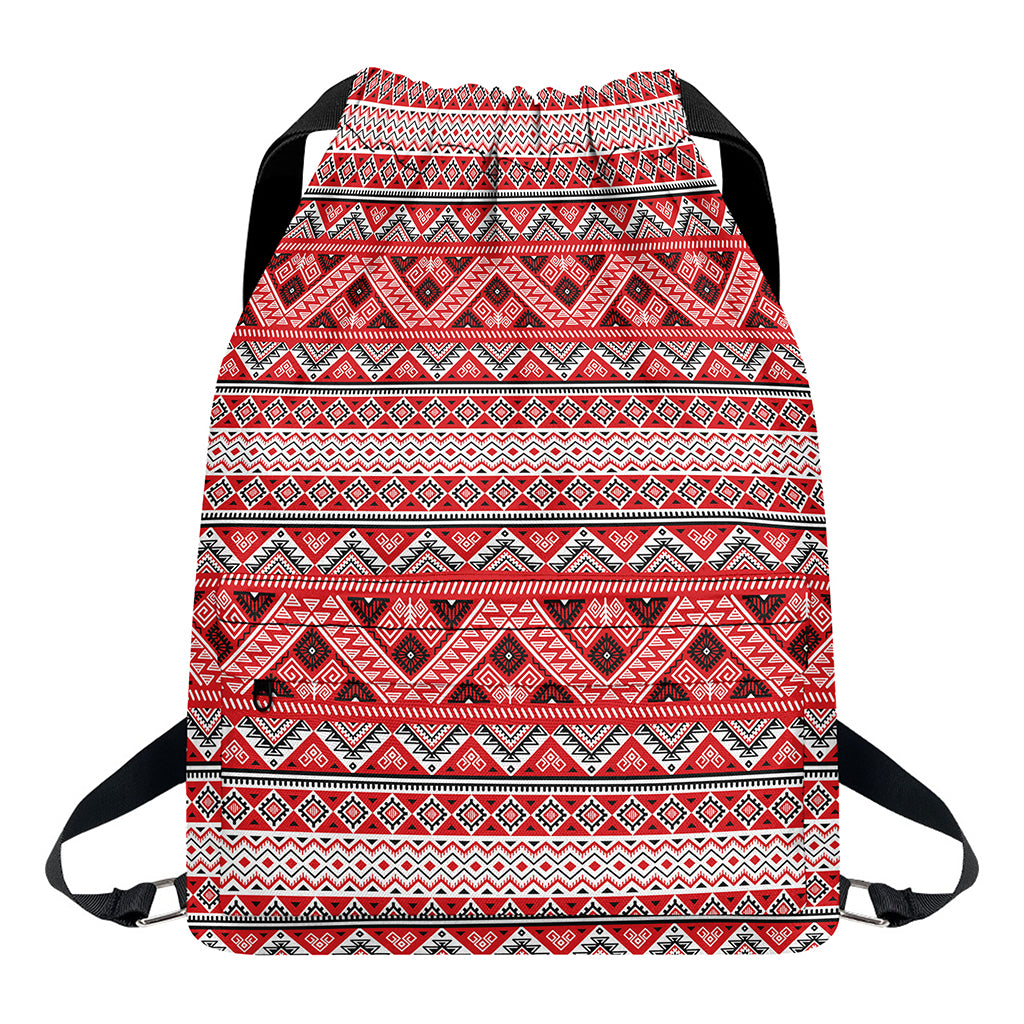 Red And White Native Tribal Print Drawstring Backpack