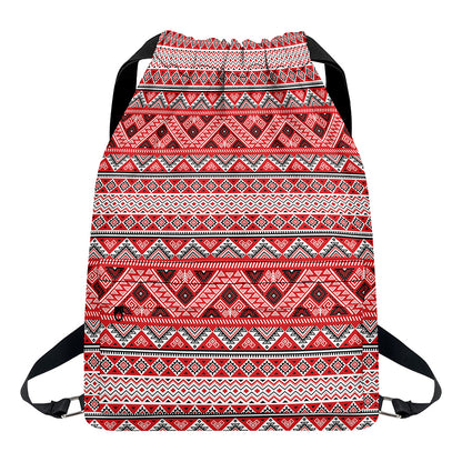 Red And White Native Tribal Print Drawstring Backpack