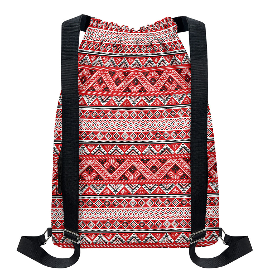 Red And White Native Tribal Print Drawstring Backpack
