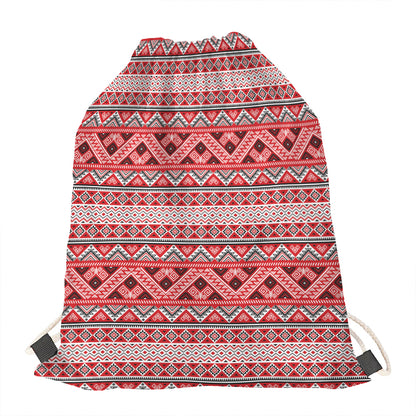 Red And White Native Tribal Print Drawstring Bag