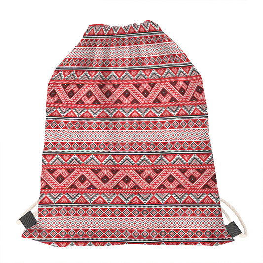 Red And White Native Tribal Print Drawstring Bag