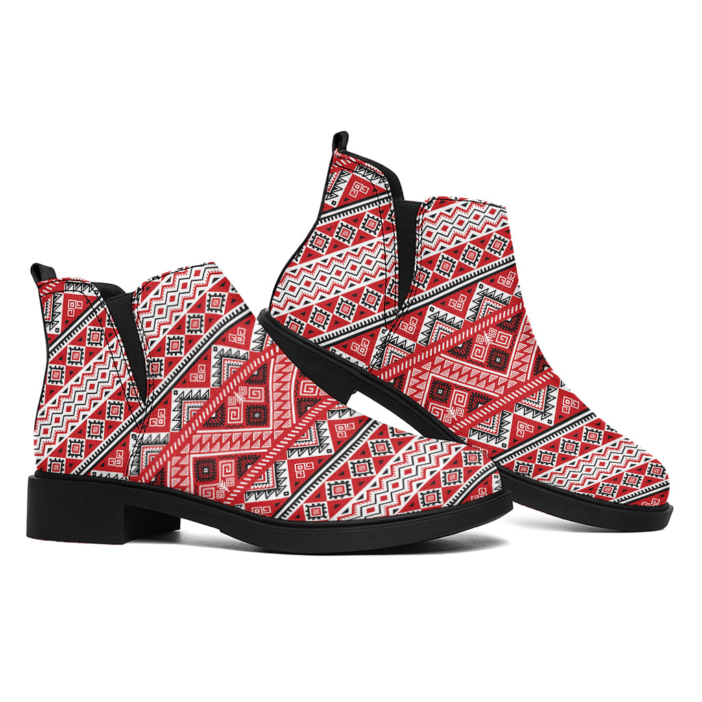 Red And White Native Tribal Print Flat Ankle Boots