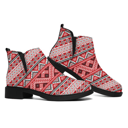 Red And White Native Tribal Print Flat Ankle Boots