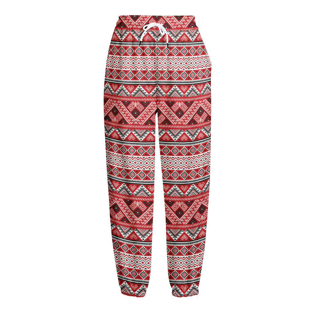 Red And White Native Tribal Print Fleece Lined Knit Pants