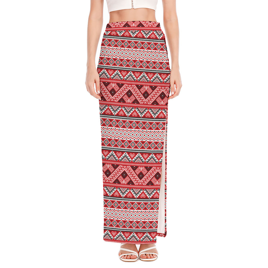 Red And White Native Tribal Print High Slit Maxi Skirt