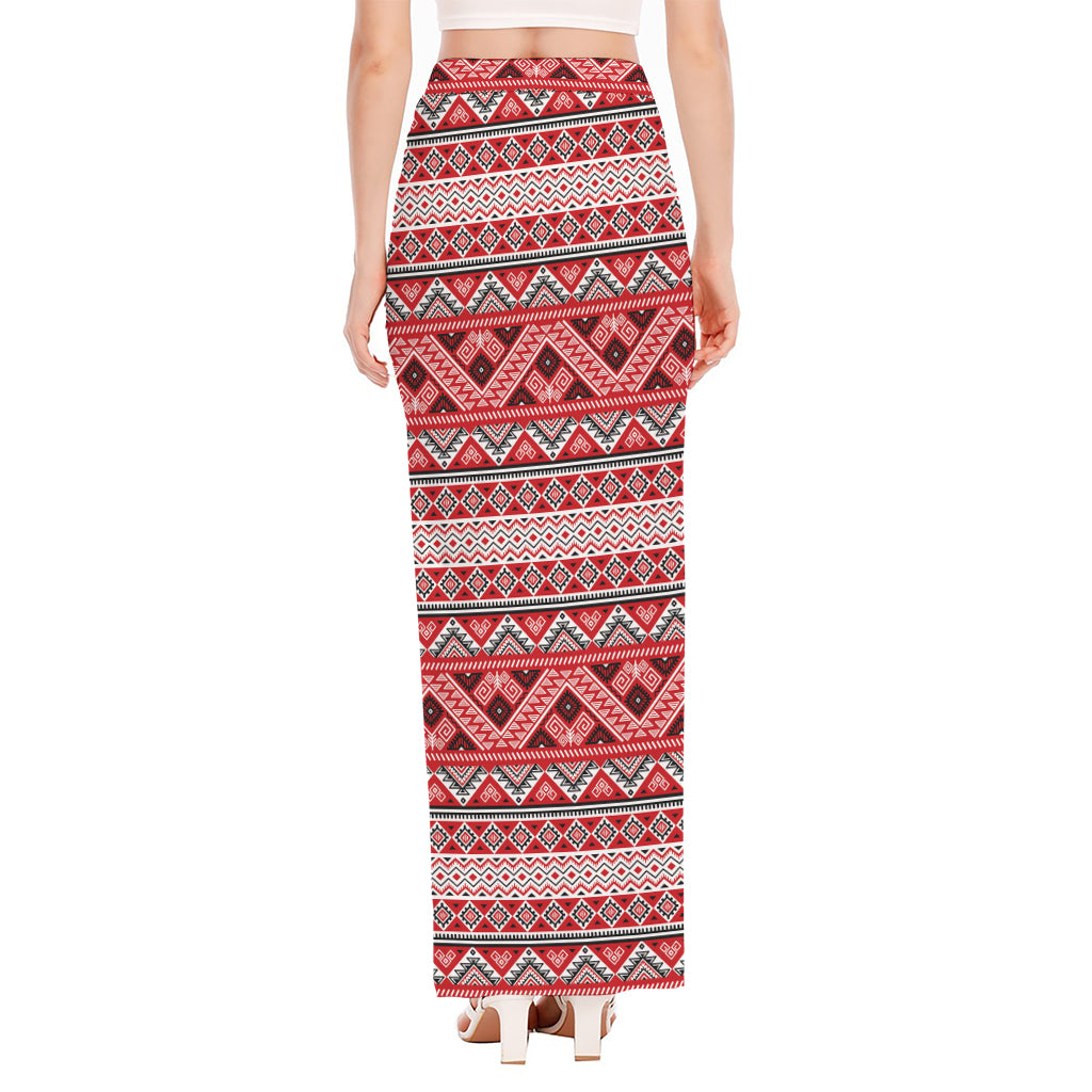 Red And White Native Tribal Print High Slit Maxi Skirt
