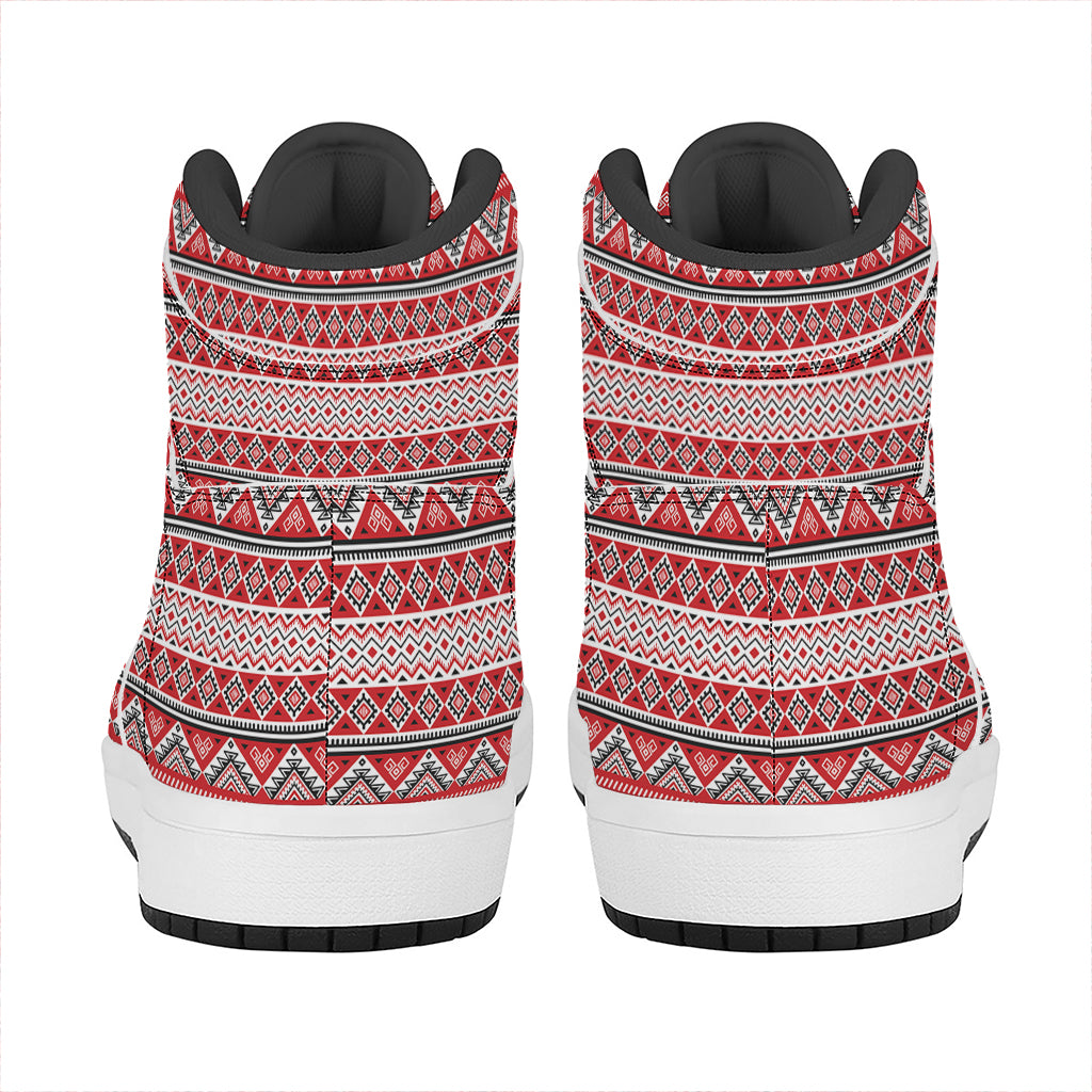 Red And White Native Tribal Print High Top Leather Sneakers