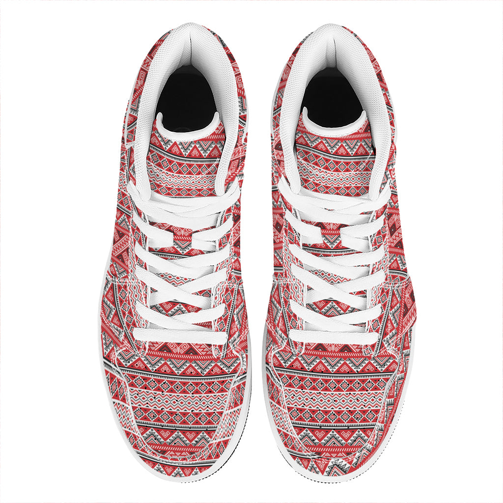 Red And White Native Tribal Print High Top Leather Sneakers