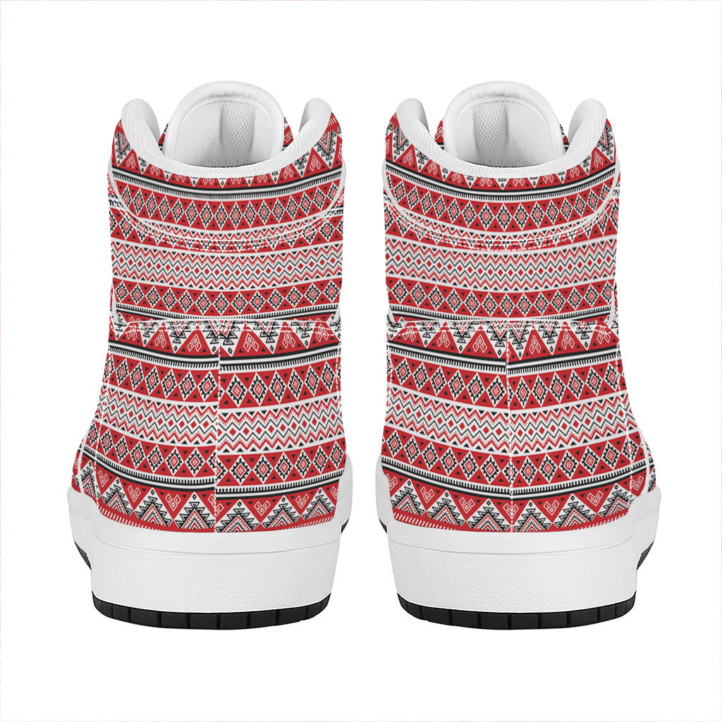 Red And White Native Tribal Print High Top Leather Sneakers