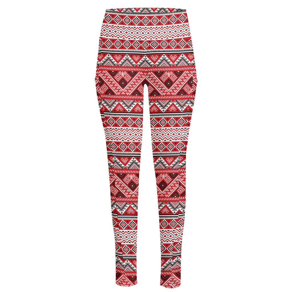 Red And White Native Tribal Print High-Waisted Pocket Leggings