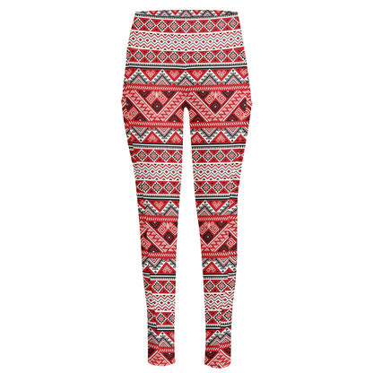 Red And White Native Tribal Print High-Waisted Pocket Leggings