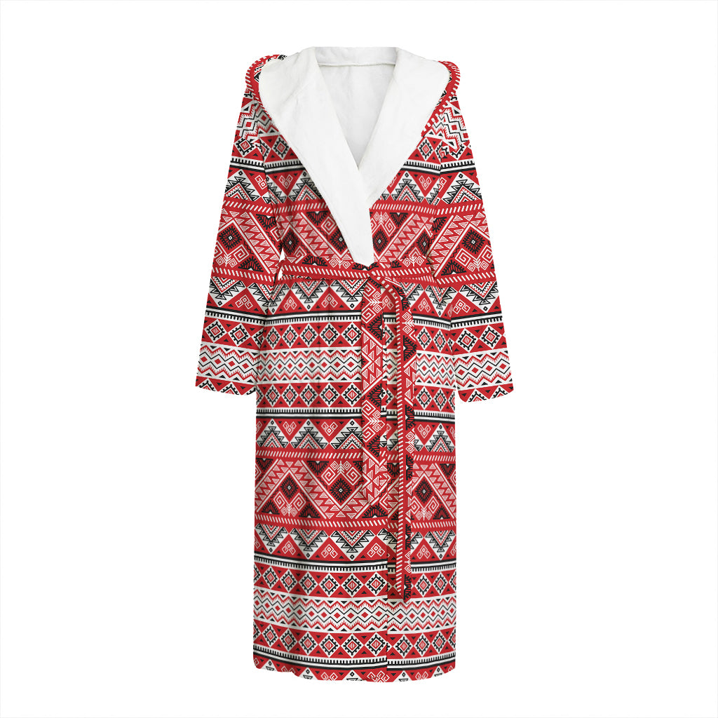 Red And White Native Tribal Print Hooded Bathrobe