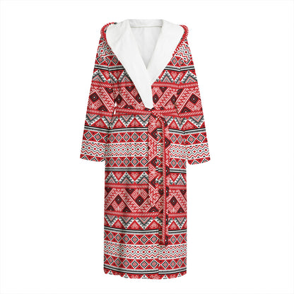 Red And White Native Tribal Print Hooded Bathrobe