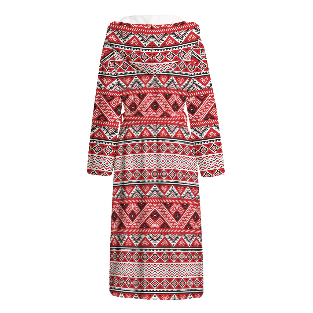 Red And White Native Tribal Print Hooded Bathrobe