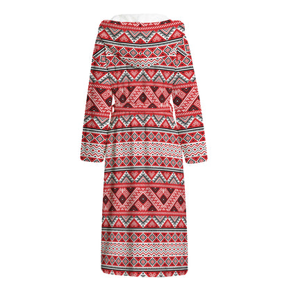 Red And White Native Tribal Print Hooded Bathrobe